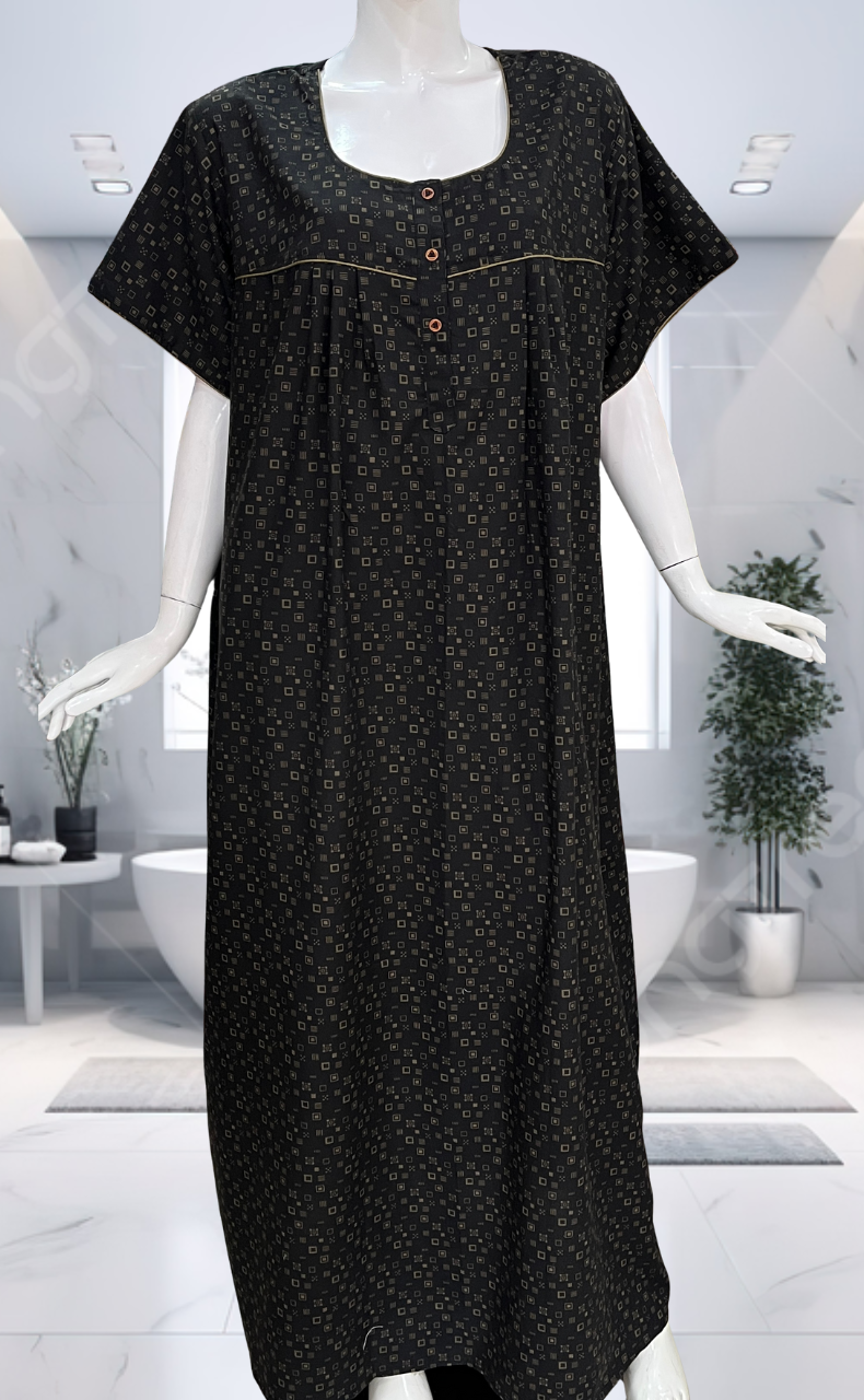 Black Abstract Soft Cotton Nighty. Soft Breathable Fabric | Laces and Frills