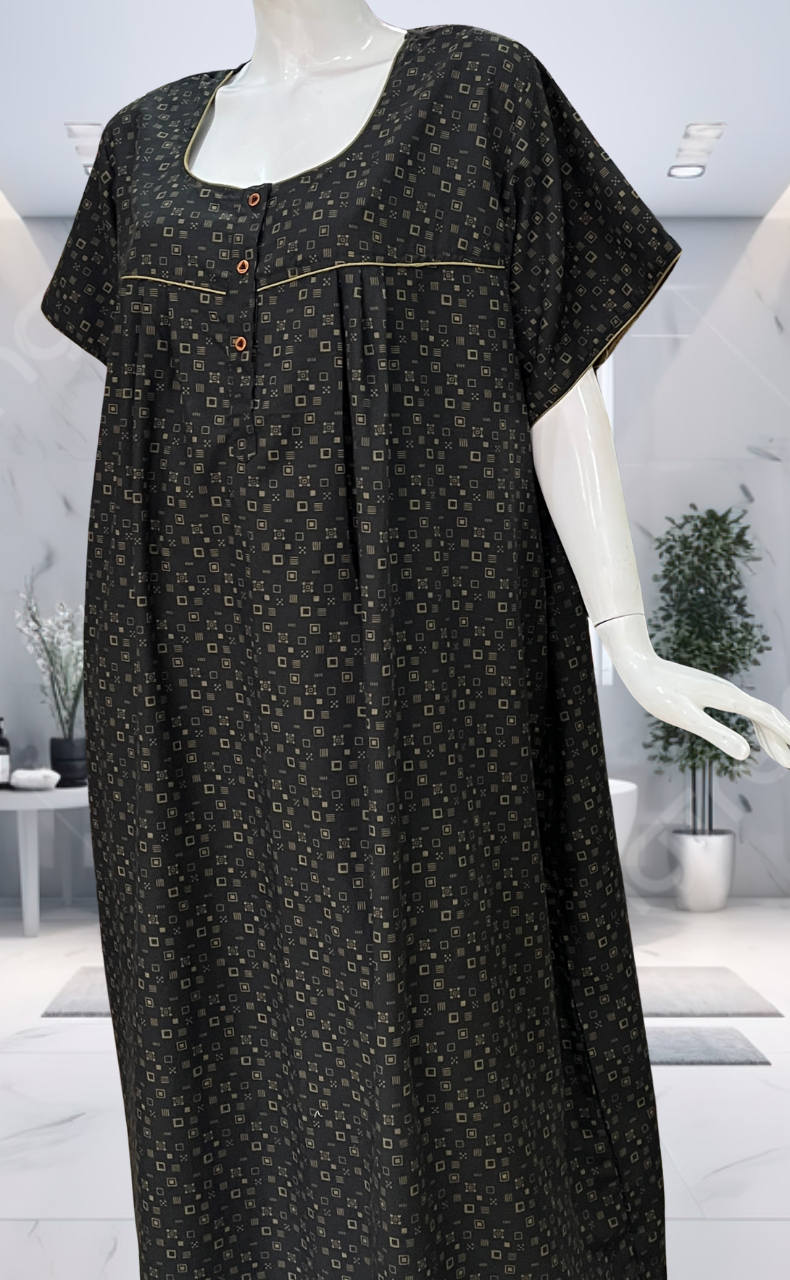 Black Abstract Soft Cotton Nighty. Soft Breathable Fabric | Laces and Frills