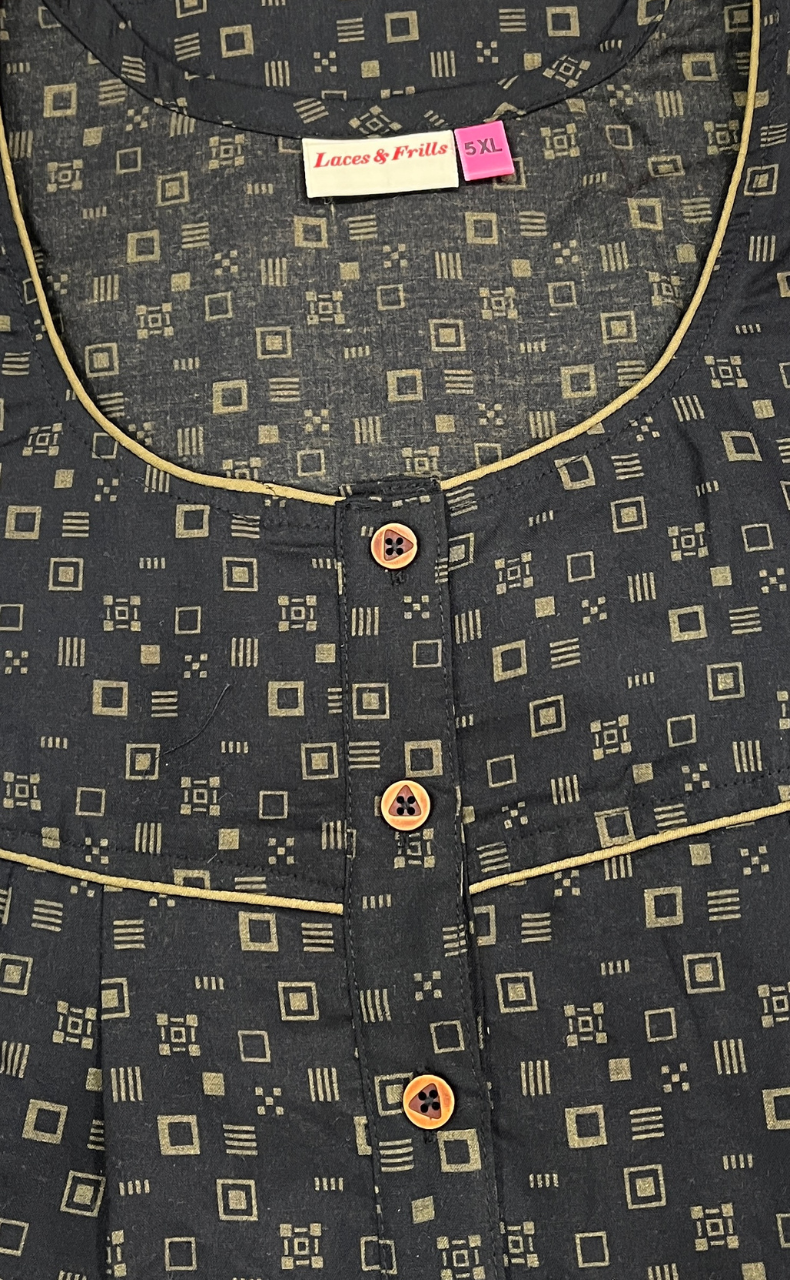 Black Abstract Soft Cotton Nighty. Soft Breathable Fabric | Laces and Frills