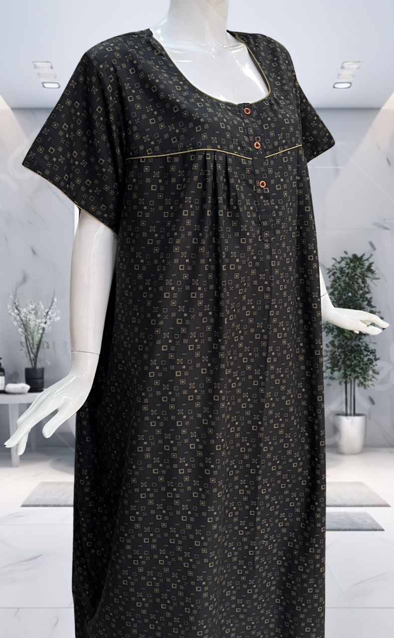 Black Abstract Soft Cotton Nighty. Soft Breathable Fabric | Laces and Frills