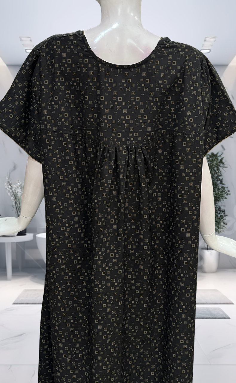 Black Abstract Soft Cotton Nighty. Soft Breathable Fabric | Laces and Frills