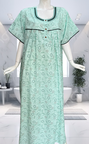 Sea Green Leafy Soft Cotton Nighty. Soft Breathable Fabric | Laces and Frills