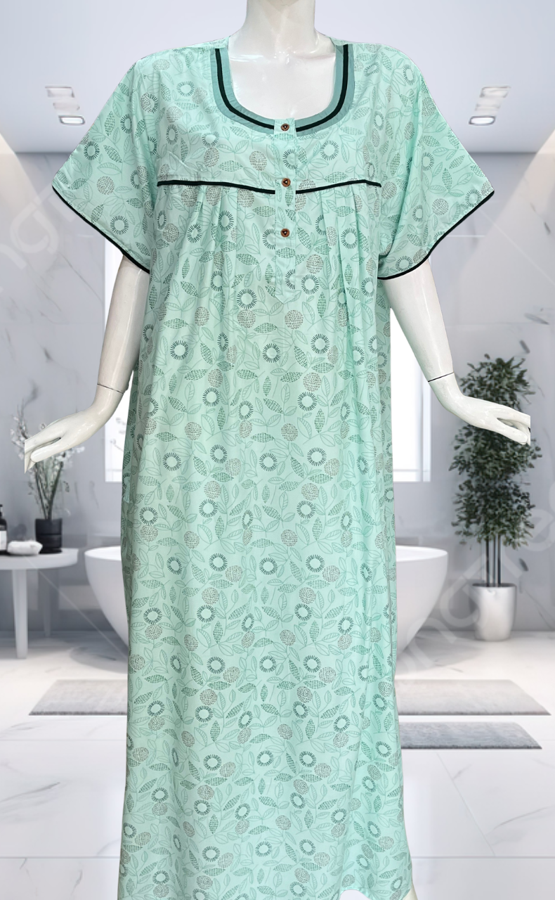 Sea Green Leafy Soft Cotton Nighty. Soft Breathable Fabric | Laces and Frills