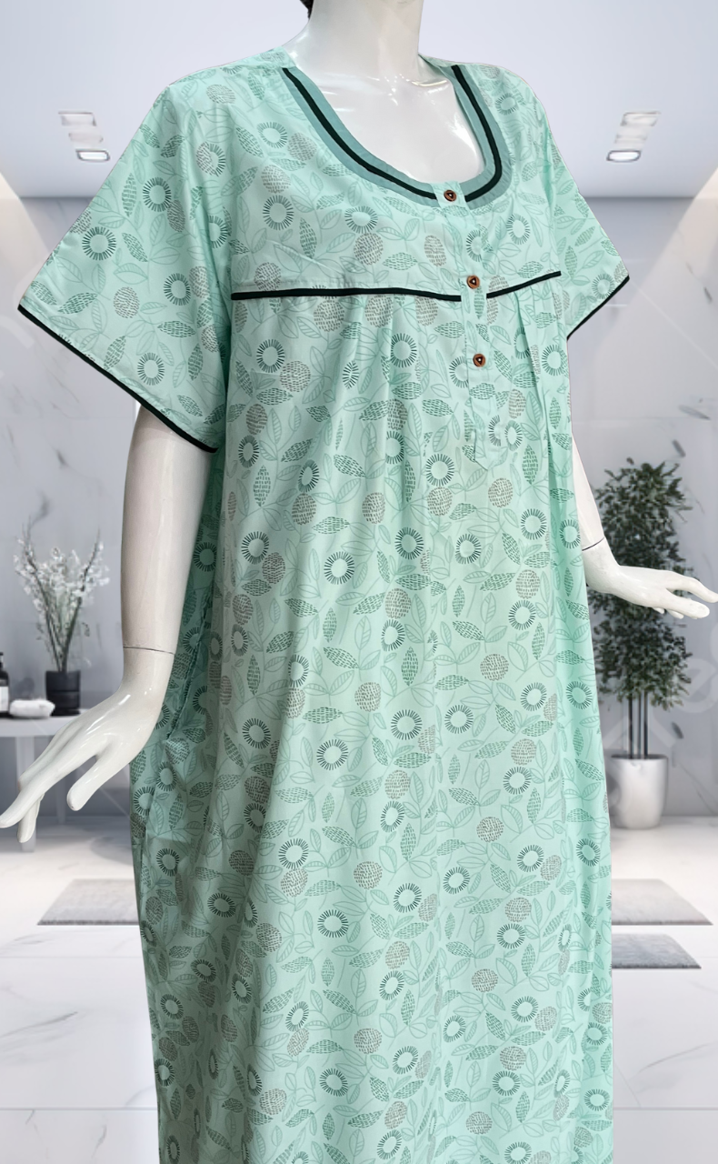 Sea Green Leafy Soft Cotton Nighty. Soft Breathable Fabric | Laces and Frills