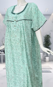 Sea Green Leafy Soft Cotton Nighty. Soft Breathable Fabric | Laces and Frills