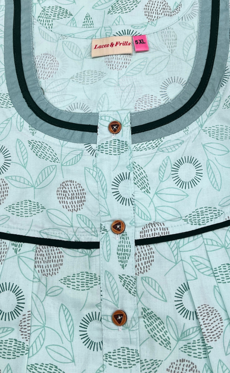 Sea Green Leafy Soft Cotton Nighty. Soft Breathable Fabric | Laces and Frills