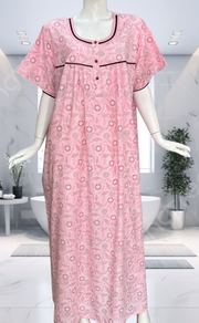 Pink Leafy Soft Cotton Nighty. Soft Breathable Fabric | Laces and Frills