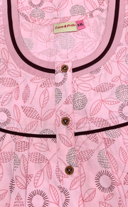 Pink Leafy Soft Cotton Nighty. Soft Breathable Fabric | Laces and Frills