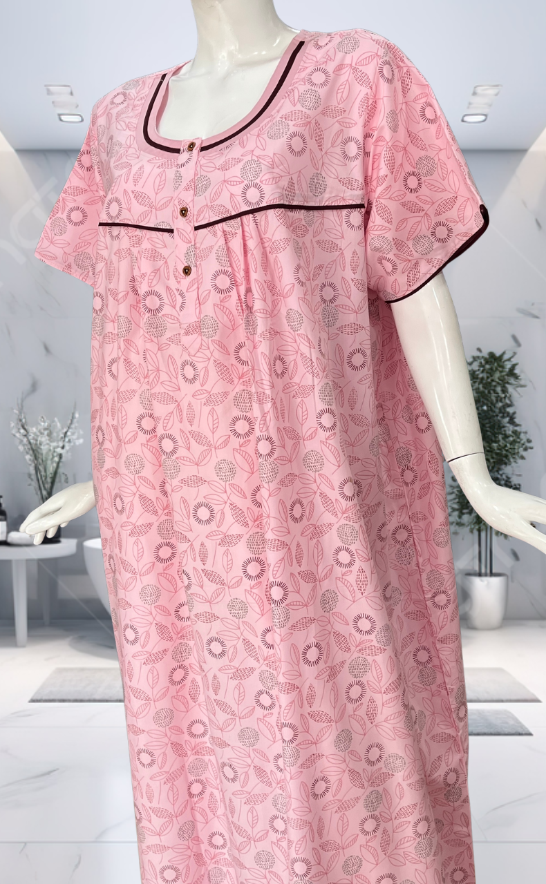 Pink Leafy Soft Cotton Nighty. Soft Breathable Fabric | Laces and Frills