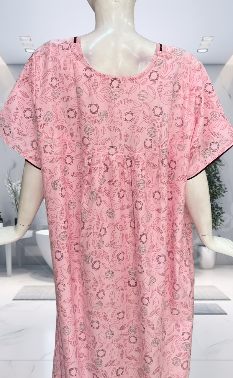 Pink Leafy Soft Cotton Nighty. Soft Breathable Fabric | Laces and Frills