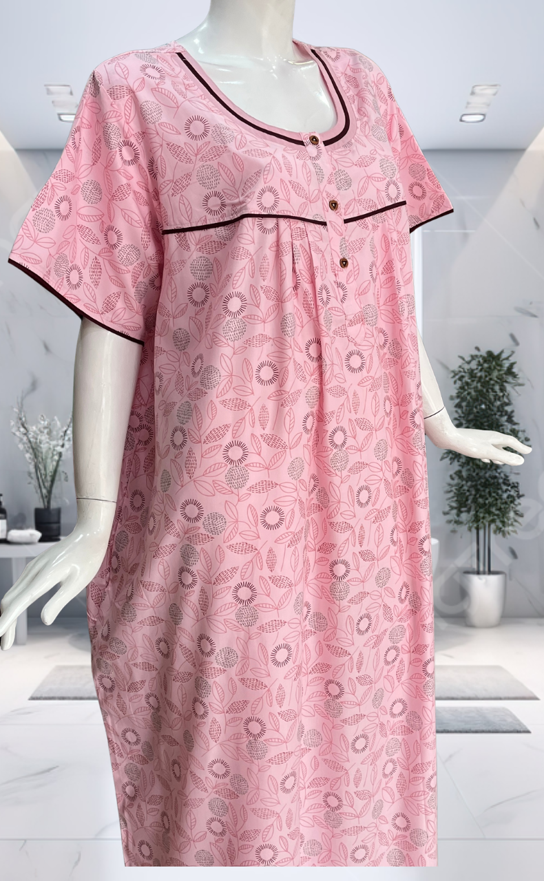 Pink Leafy Soft Cotton Nighty. Soft Breathable Fabric | Laces and Frills