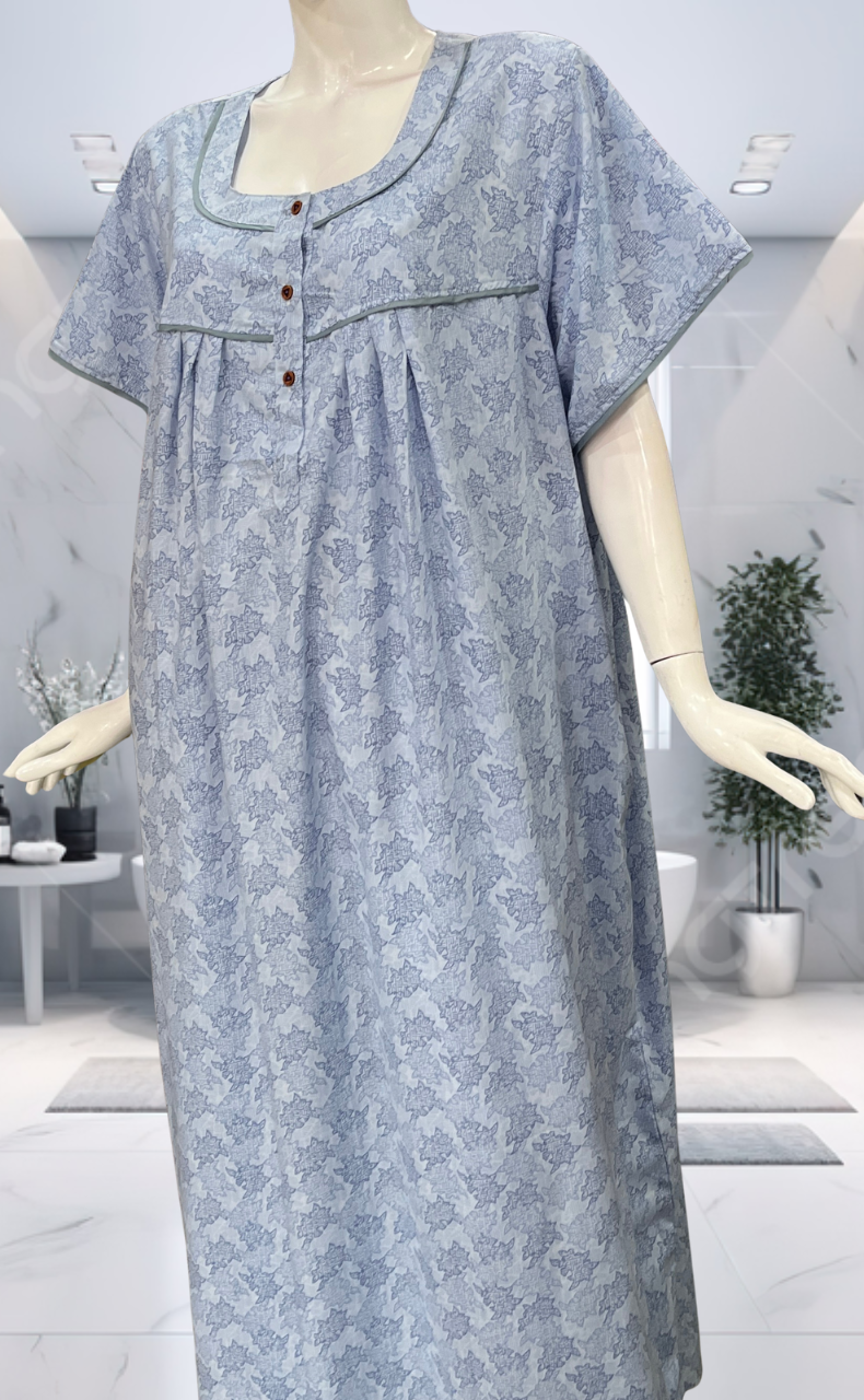 Blue Digital Print Soft Cotton Nighty. Soft Breathable Fabric | Laces and Frills