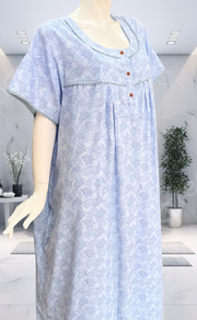 Blue Digital Print Soft Cotton Nighty. Soft Breathable Fabric | Laces and Frills