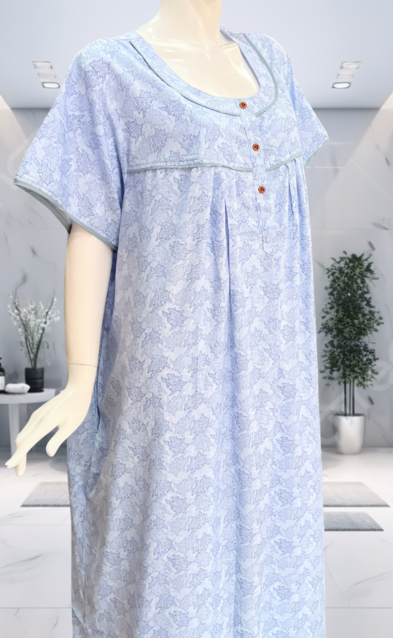 Blue Digital Print Soft Cotton Nighty. Soft Breathable Fabric | Laces and Frills