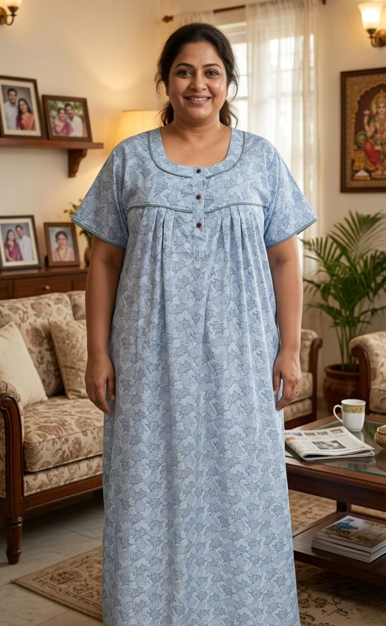Blue Digital Print Soft Cotton Nighty. Soft Breathable Fabric | Laces and Frills