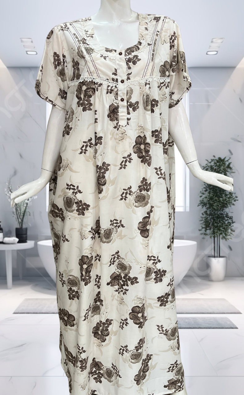 White/Brown Floral Soft Cotton Nighty. Soft Breathable Fabric | Laces and Frills