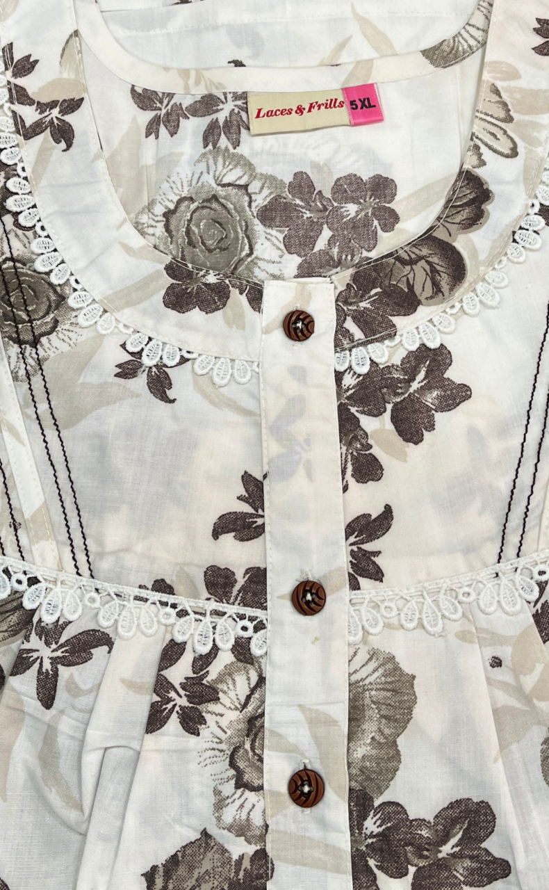 White/Brown Floral Soft Cotton Nighty. Soft Breathable Fabric | Laces and Frills