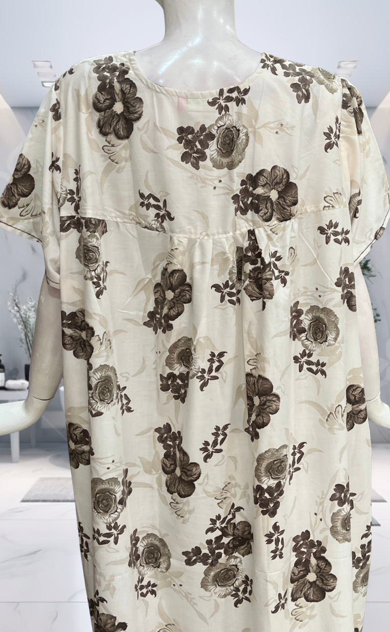 White/Brown Floral Soft Cotton Nighty. Soft Breathable Fabric | Laces and Frills