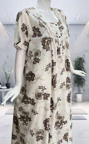 White/Brown Floral Soft Cotton Nighty. Soft Breathable Fabric | Laces and Frills