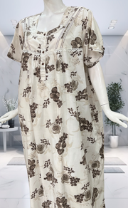 White/Brown Floral Soft Cotton Nighty. Soft Breathable Fabric | Laces and Frills