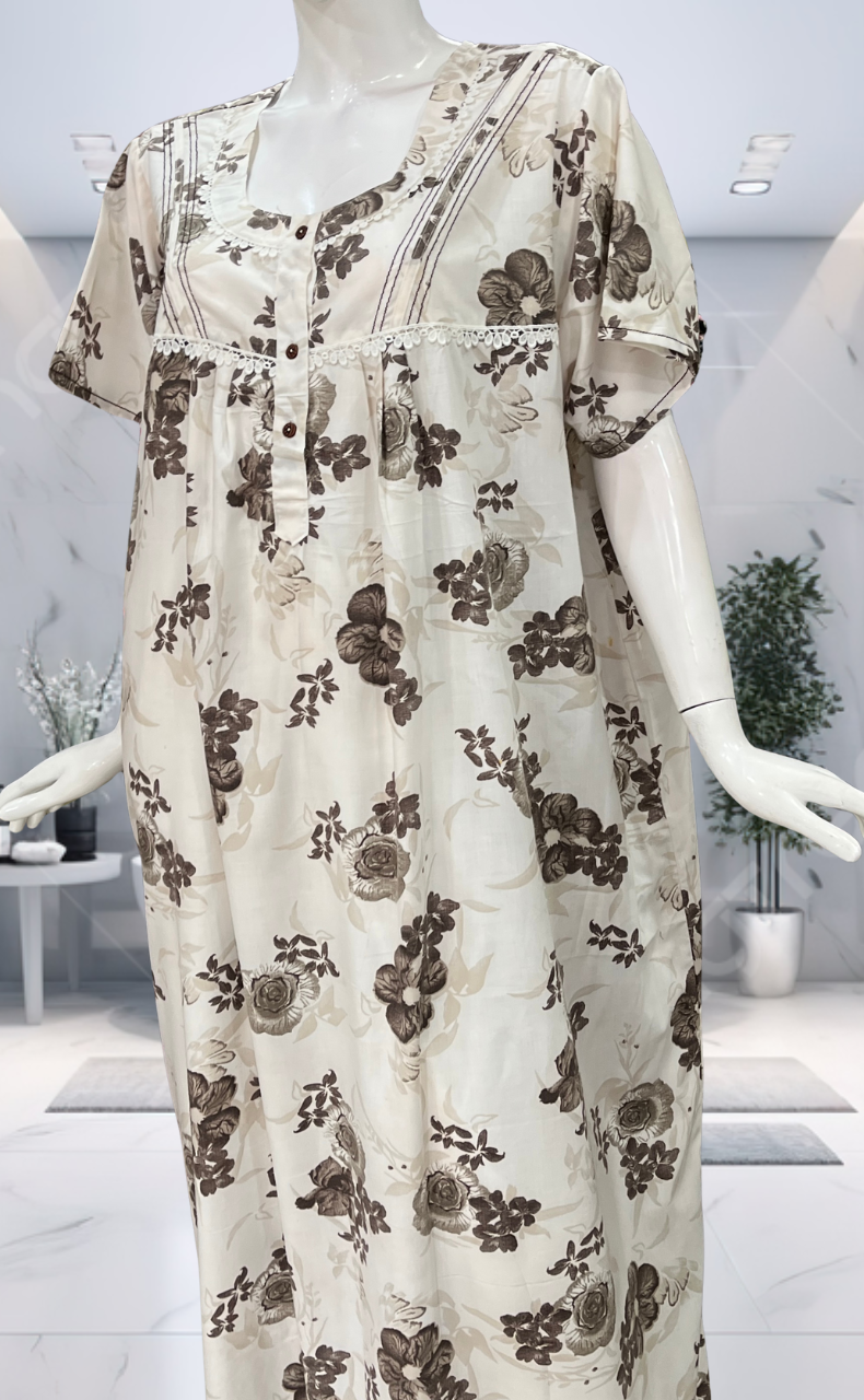 White/Brown Floral Soft Cotton Nighty. Soft Breathable Fabric | Laces and Frills