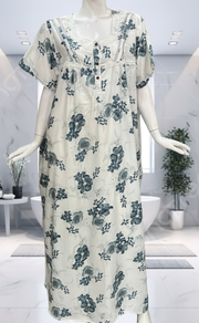 White/Blue Floral Soft Cotton Nighty. Soft Breathable Fabric | Laces and Frills