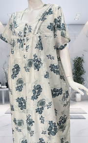 White/Blue Floral Soft Cotton Nighty. Soft Breathable Fabric | Laces and Frills