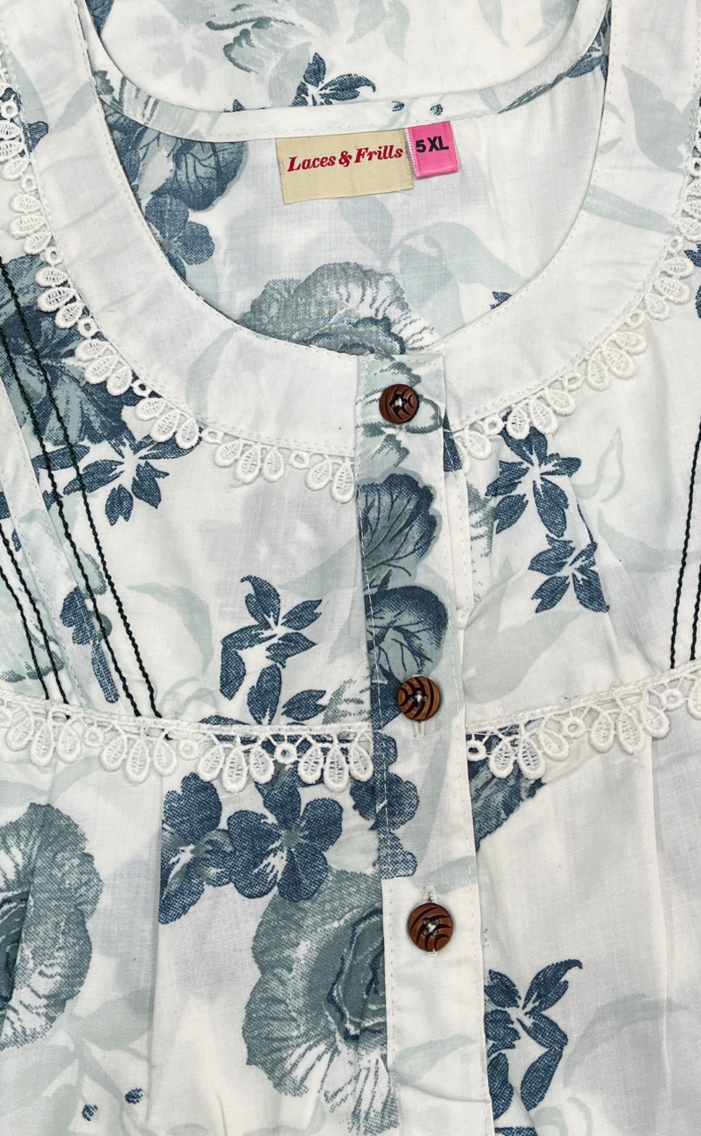 White/Blue Floral Soft Cotton Nighty. Soft Breathable Fabric | Laces and Frills