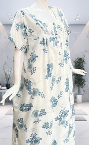White/Blue Floral Soft Cotton Nighty. Soft Breathable Fabric | Laces and Frills