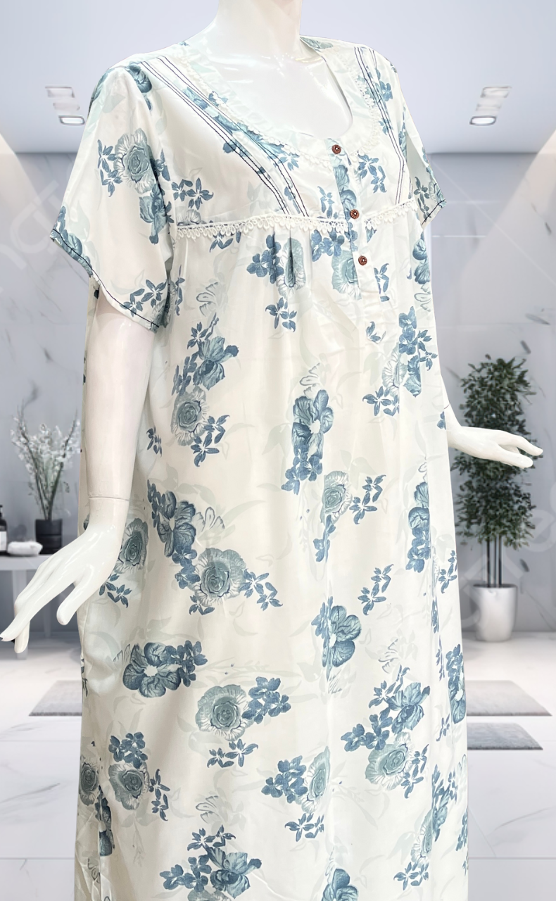 White/Blue Floral Soft Cotton Nighty. Soft Breathable Fabric | Laces and Frills