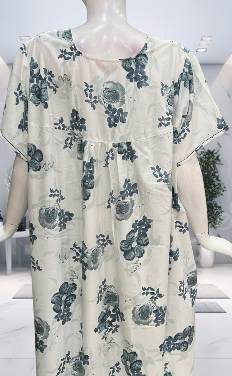 White/Blue Floral Soft Cotton Nighty. Soft Breathable Fabric | Laces and Frills