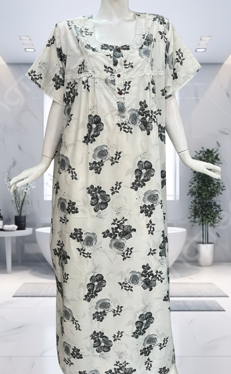 White/Grey Floral Soft Cotton Nighty. Soft Breathable Fabric | Laces and Frills