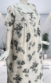 White/Grey Floral Soft Cotton Nighty. Soft Breathable Fabric | Laces and Frills