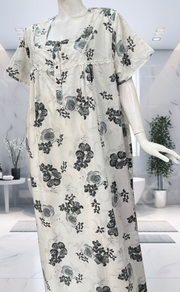 White/Grey Floral Soft Cotton Nighty. Soft Breathable Fabric | Laces and Frills