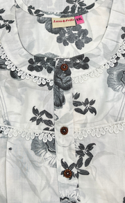 White/Grey Floral Soft Cotton Nighty. Soft Breathable Fabric | Laces and Frills