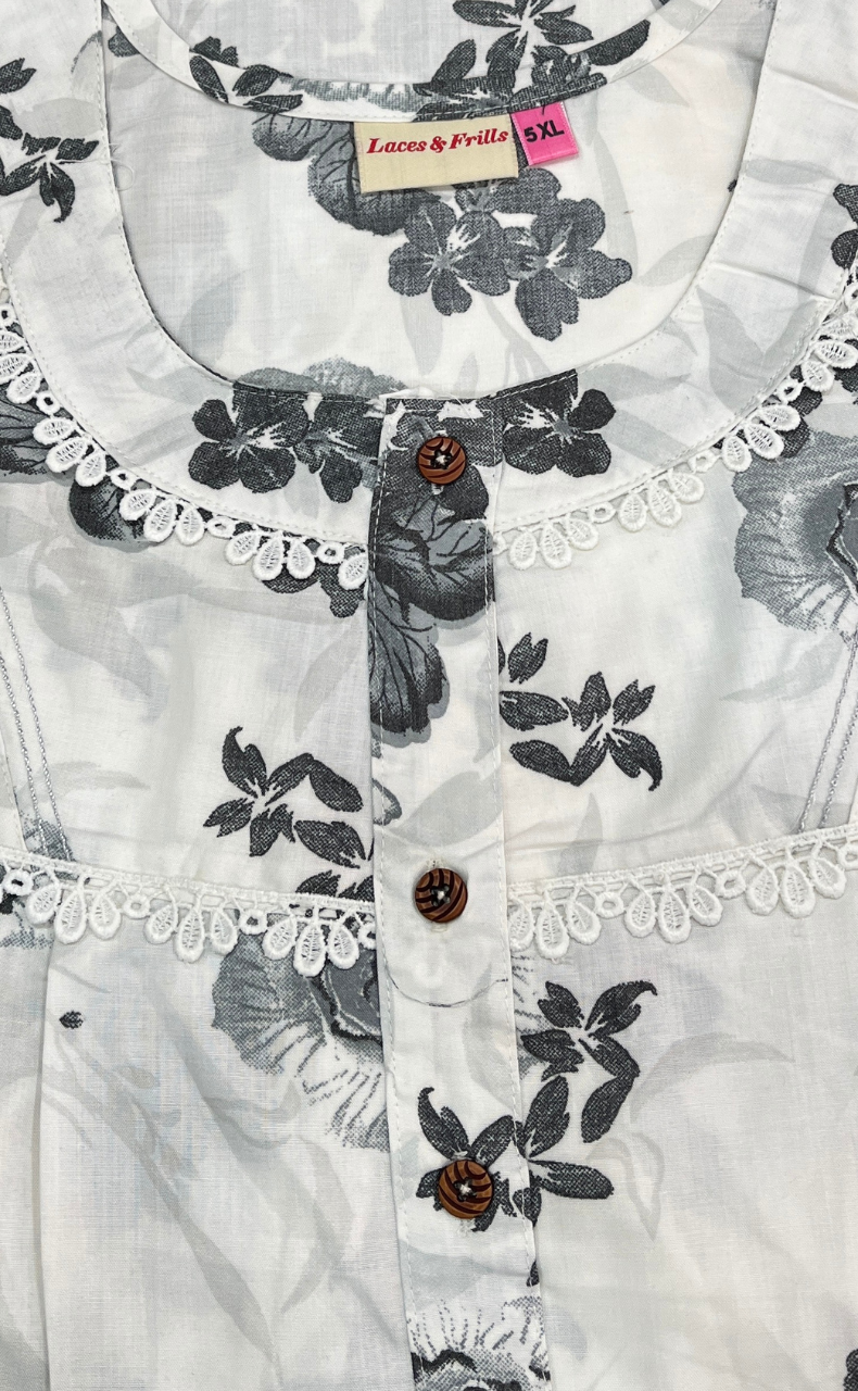 White/Grey Floral Soft Cotton Nighty. Soft Breathable Fabric | Laces and Frills