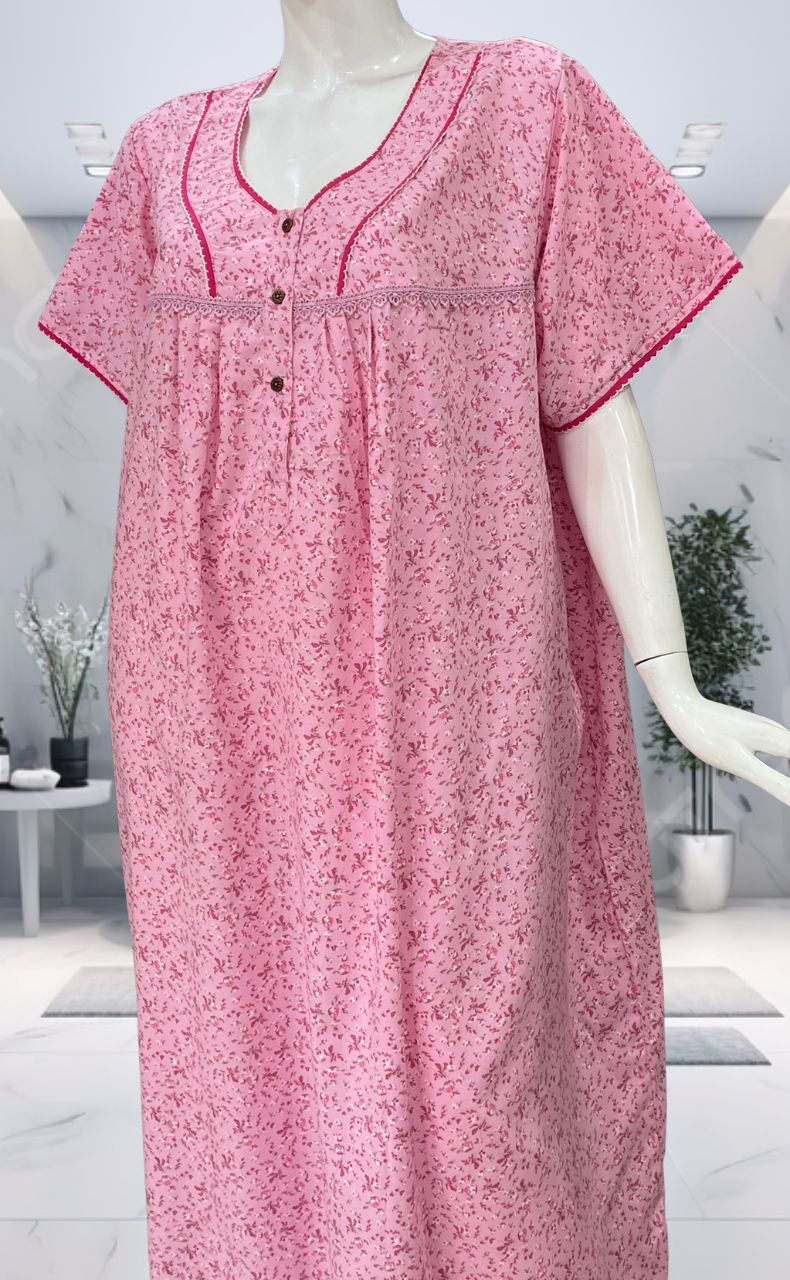 Pink Tiny Flora Soft Cotton Nighty. Soft Breathable Fabric | Laces and Frills