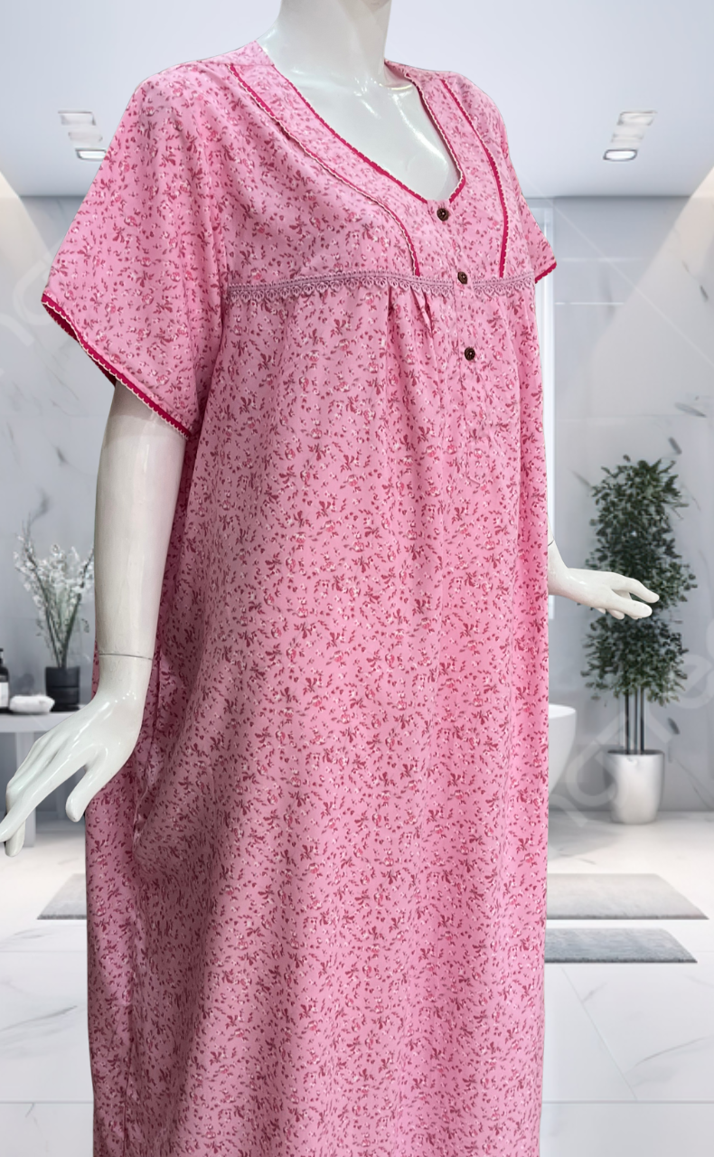 Pink Tiny Flora Soft Cotton Nighty. Soft Breathable Fabric | Laces and Frills