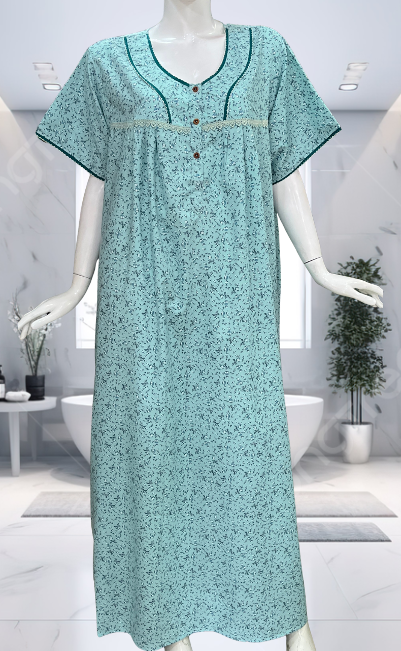 Sea Green Tiny Flora Soft Cotton Nighty. Soft Breathable Fabric | Laces and Frills