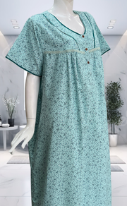 Sea Green Tiny Flora Soft Cotton Nighty. Soft Breathable Fabric | Laces and Frills