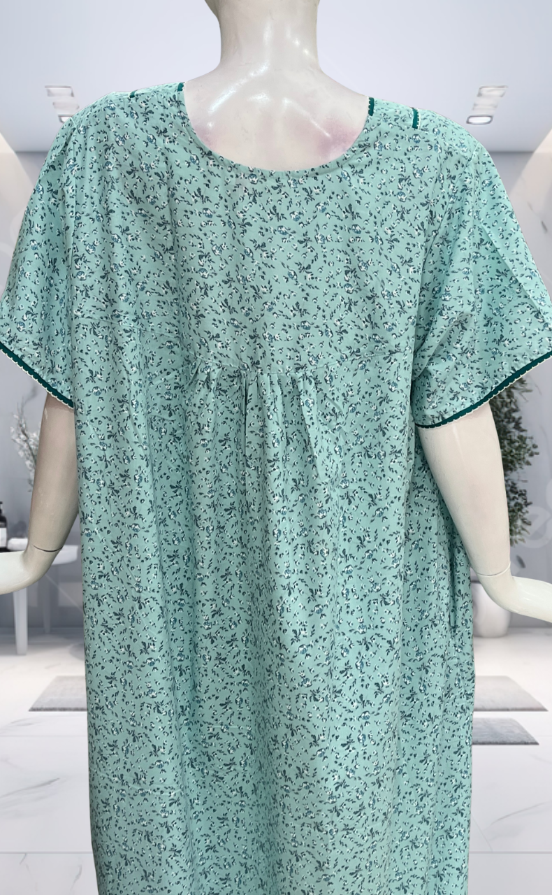 Sea Green Tiny Flora Soft Cotton Nighty. Soft Breathable Fabric | Laces and Frills