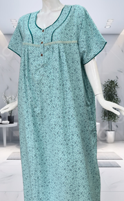 Sea Green Tiny Flora Soft Cotton Nighty. Soft Breathable Fabric | Laces and Frills
