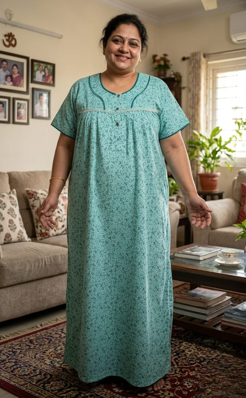 Sea Green Tiny Flora Soft Cotton Nighty. Soft Breathable Fabric | Laces and Frills
