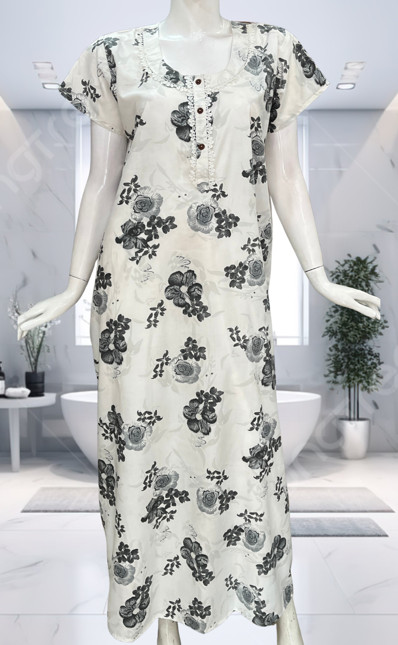 White/Grey Floral Soft Cotton Nighty. Soft Breathable Fabric | Laces and Frills