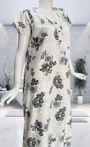 White/Grey Floral Soft Cotton Nighty. Soft Breathable Fabric | Laces and Frills