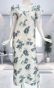White/Blue Floral Soft Cotton Nighty. Soft Breathable Fabric | Laces and Frills