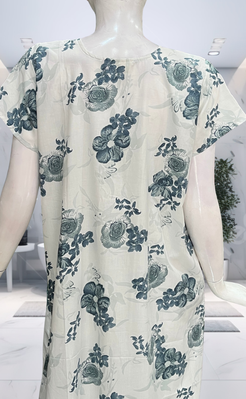 White/Blue Floral Soft Cotton Nighty. Soft Breathable Fabric | Laces and Frills