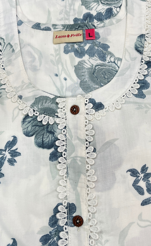 White/Blue Floral Soft Cotton Nighty. Soft Breathable Fabric | Laces and Frills