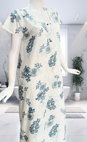White/Blue Floral Soft Cotton Nighty. Soft Breathable Fabric | Laces and Frills