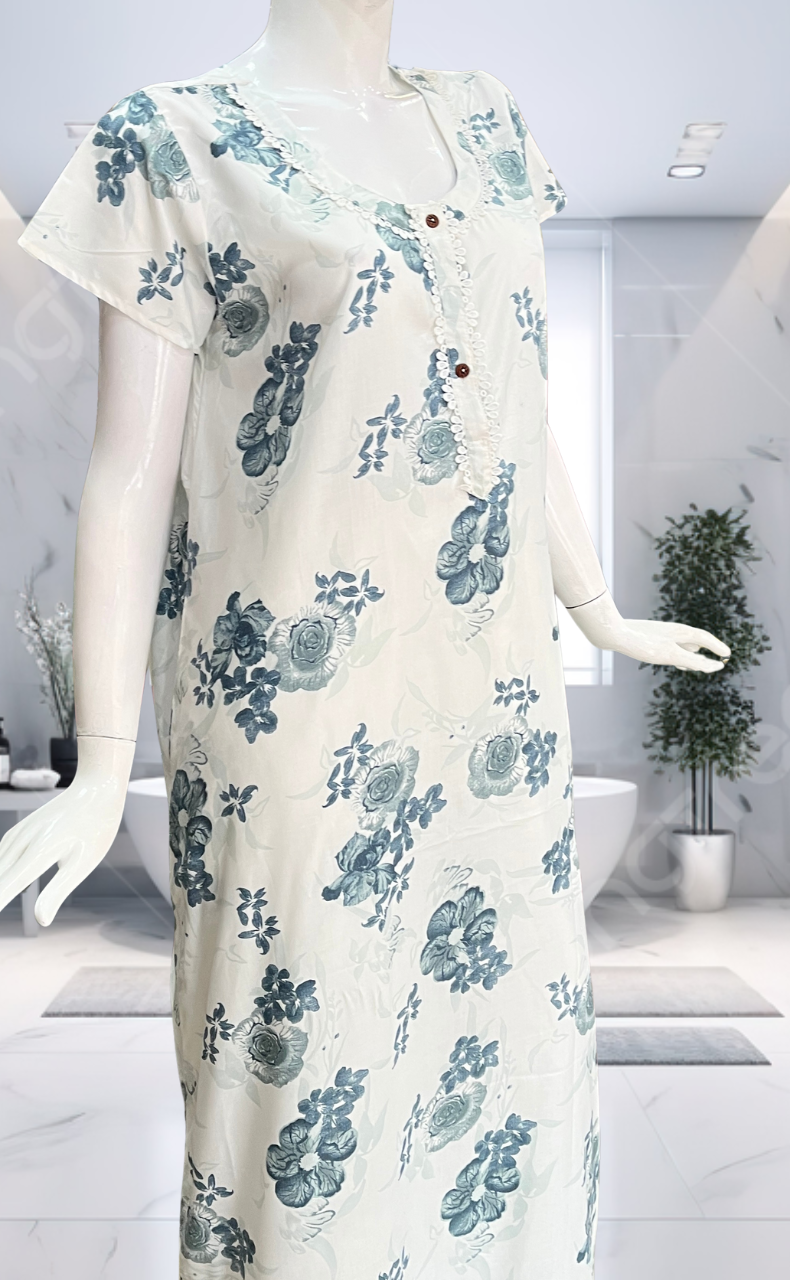 White/Blue Floral Soft Cotton Nighty. Soft Breathable Fabric | Laces and Frills